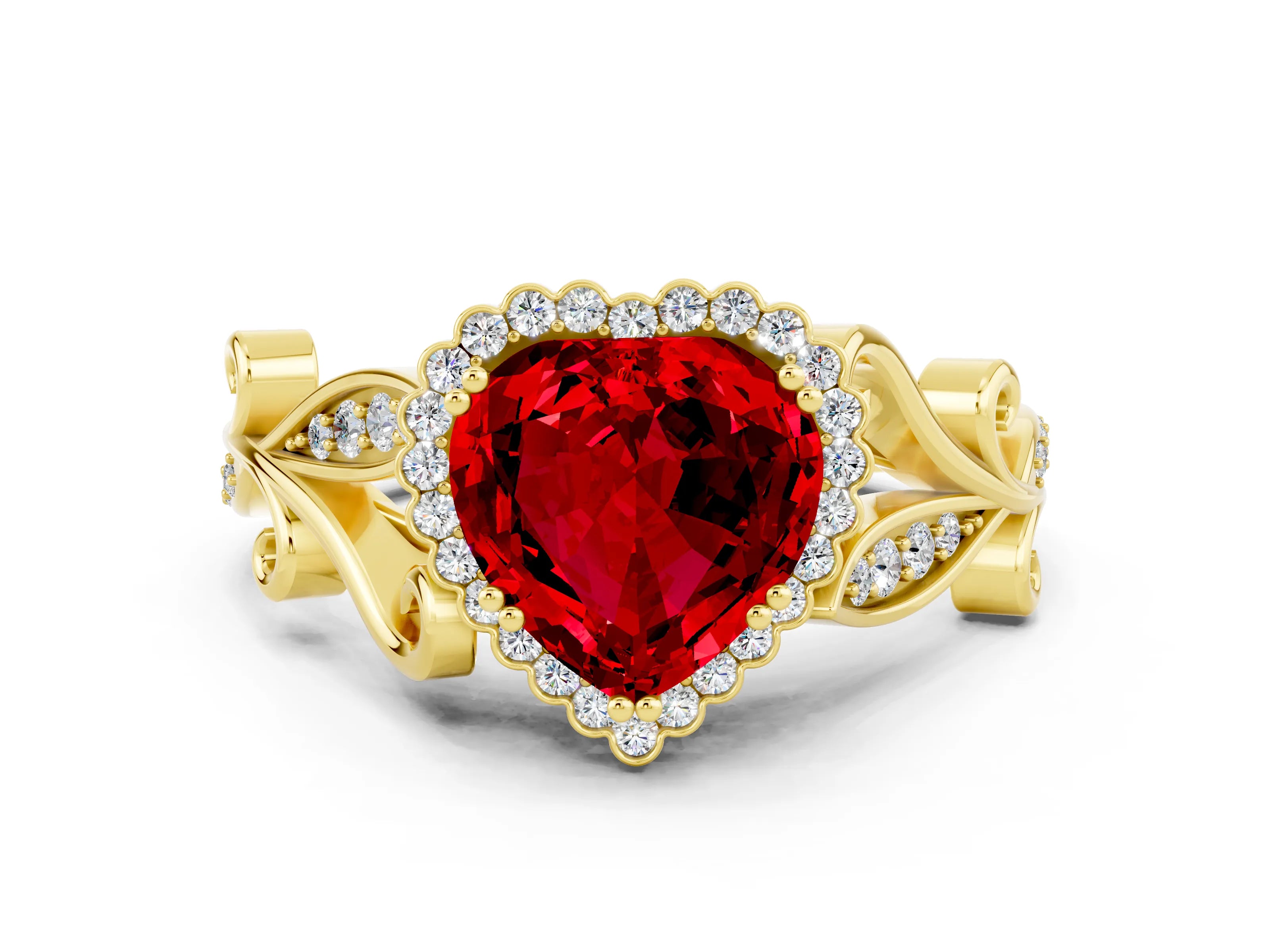 Yellow gold Heart Cut Ruby Halo Ring with Vintage Split Shank and Four-Prong Setting