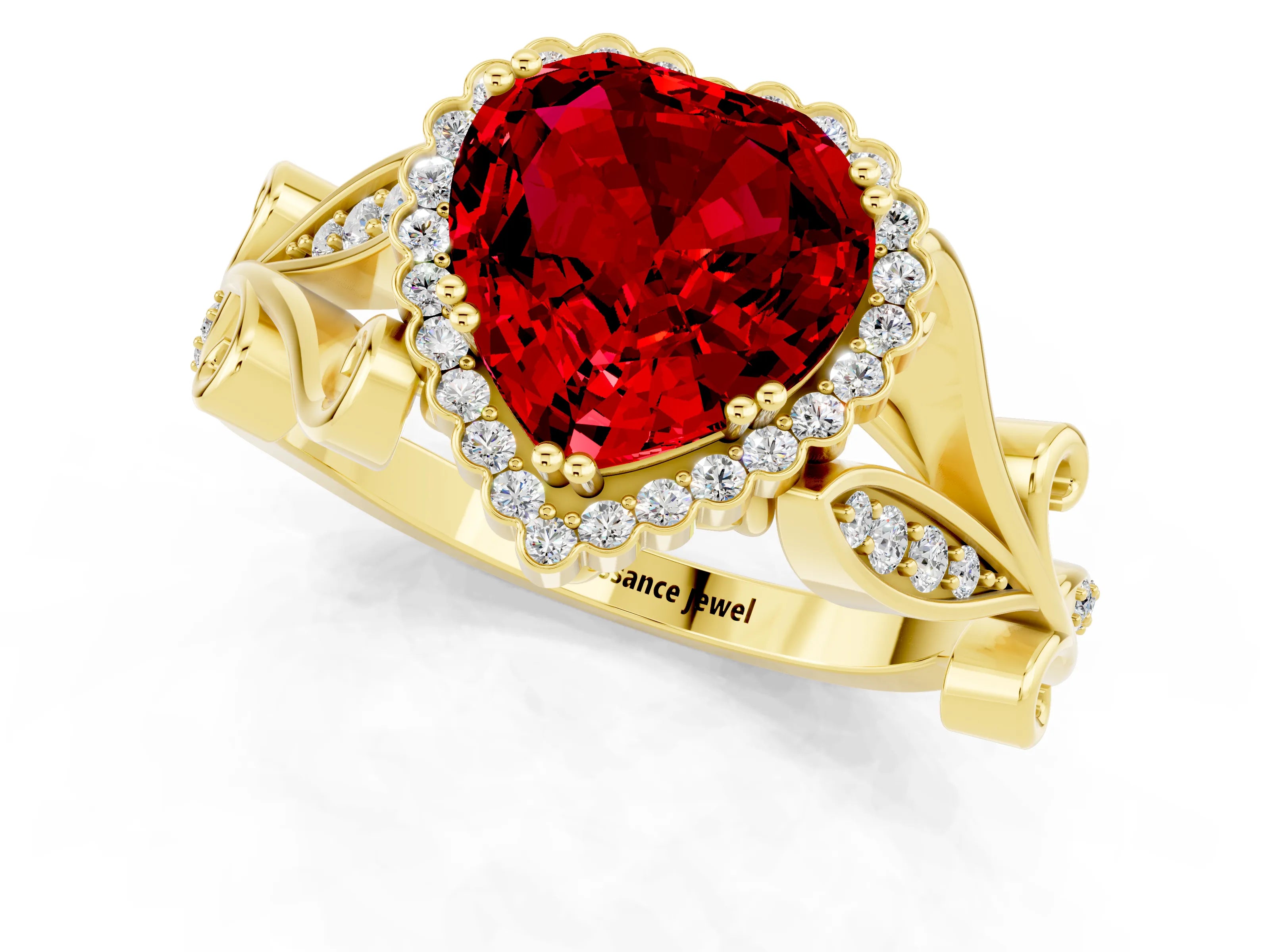 Yellow gold Heart Cut Ruby Halo Ring with Vintage Split Shank and Four-Prong Setting_1