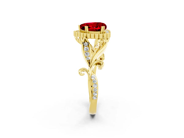 Yellow gold Heart Cut Ruby Halo Ring with Vintage Split Shank and Four-Prong Setting