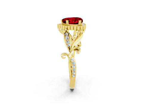 Yellow gold Heart Cut Ruby Halo Ring with Vintage Split Shank and Four-Prong Setting_2