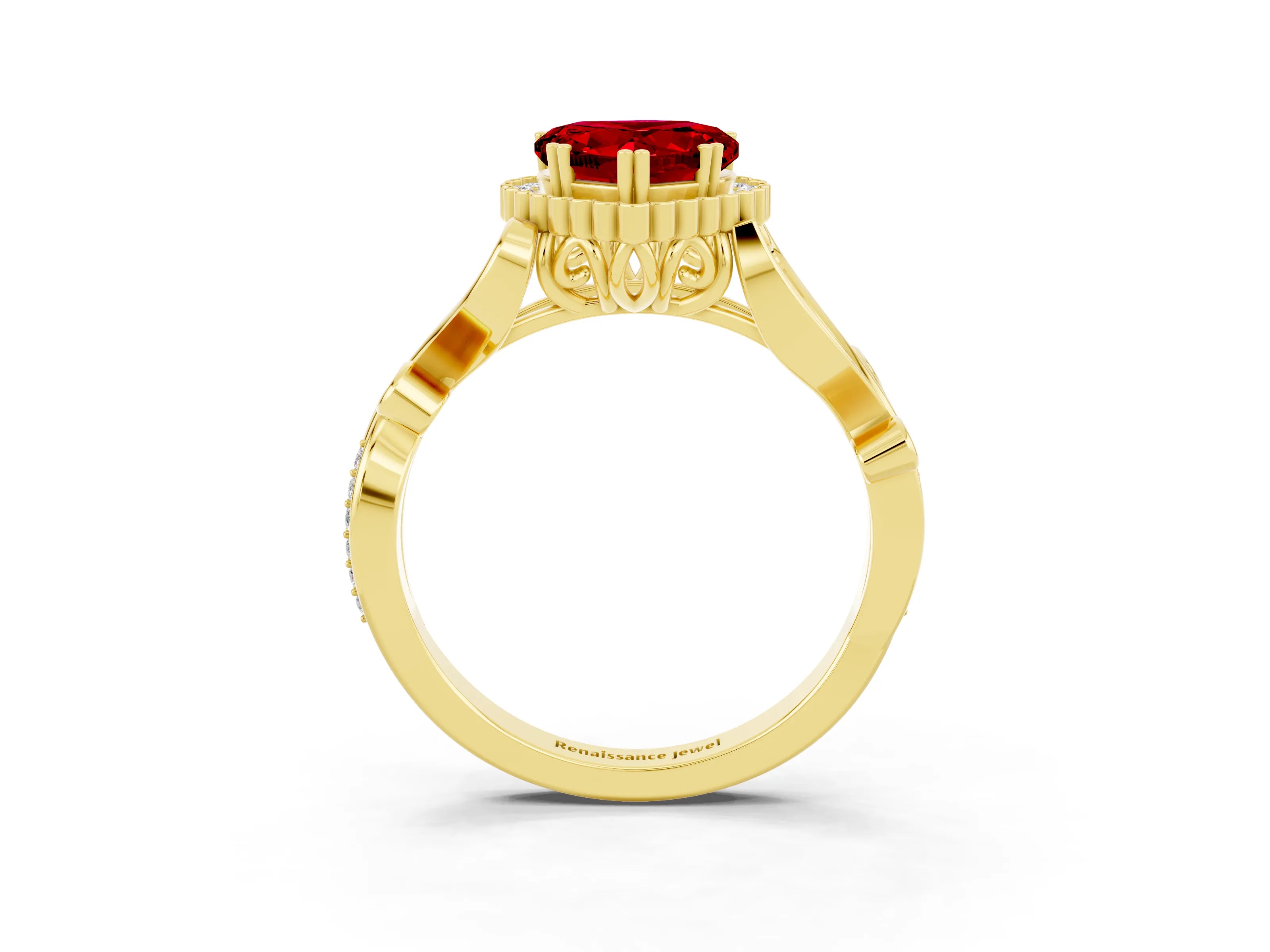 Yellow gold Heart Cut Ruby Halo Ring with Vintage Split Shank and Four-Prong Setting_3