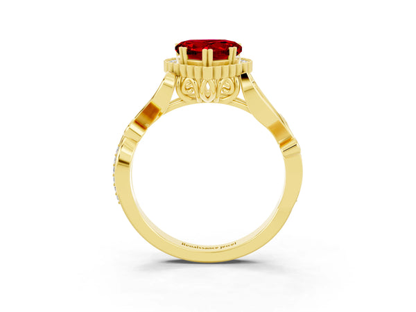 Yellow gold Heart Cut Ruby Halo Ring with Vintage Split Shank and Four-Prong Setting
