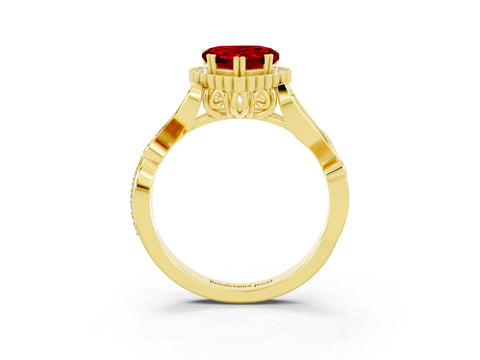 Yellow gold Heart Cut Ruby Halo Ring with Vintage Split Shank and Four-Prong Setting_3