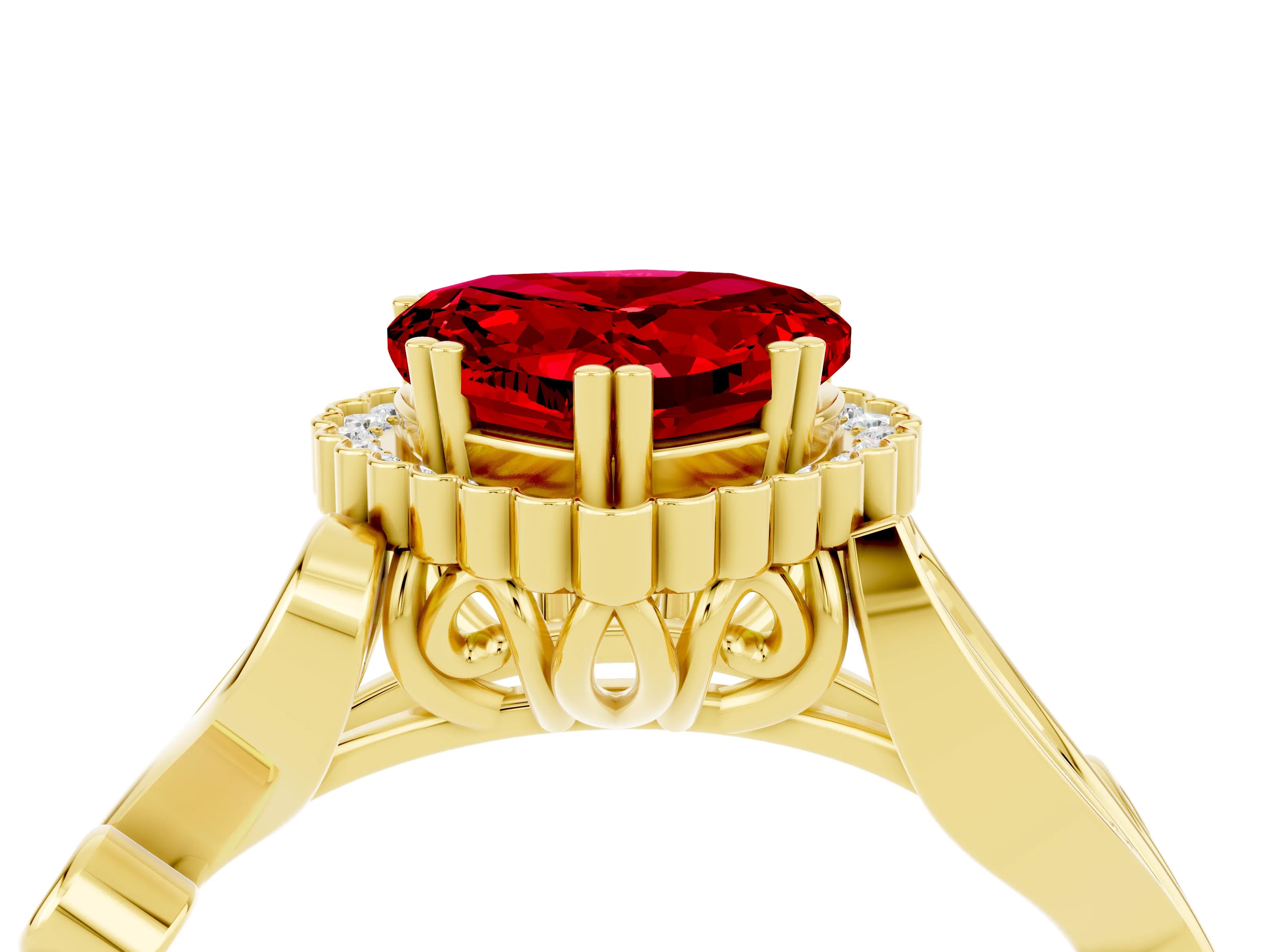 Yellow gold Heart Cut Ruby Halo Ring with Vintage Split Shank and Four-Prong Setting_4