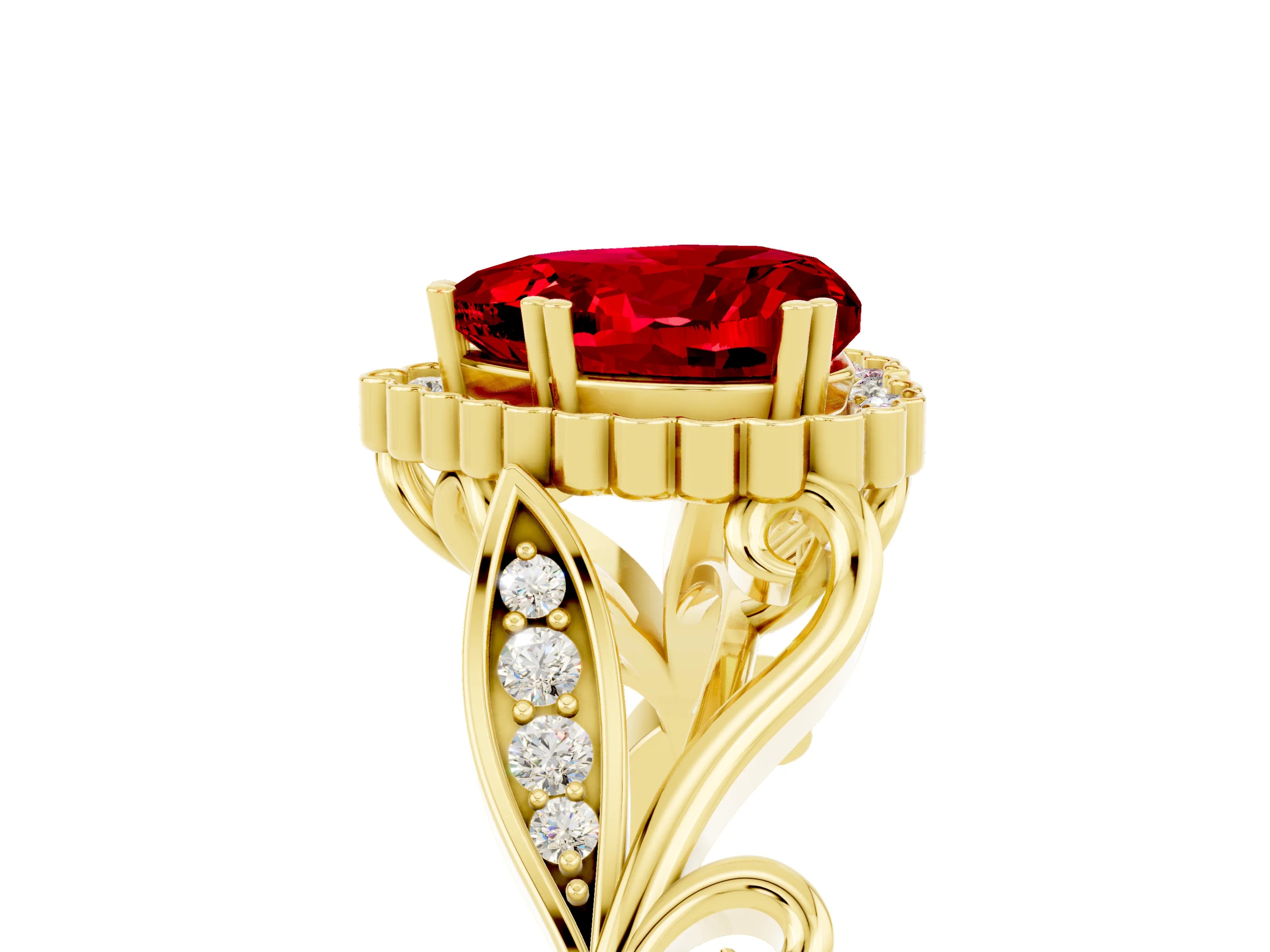 Yellow gold Heart Cut Ruby Halo Ring with Vintage Split Shank and Four-Prong Setting_5
