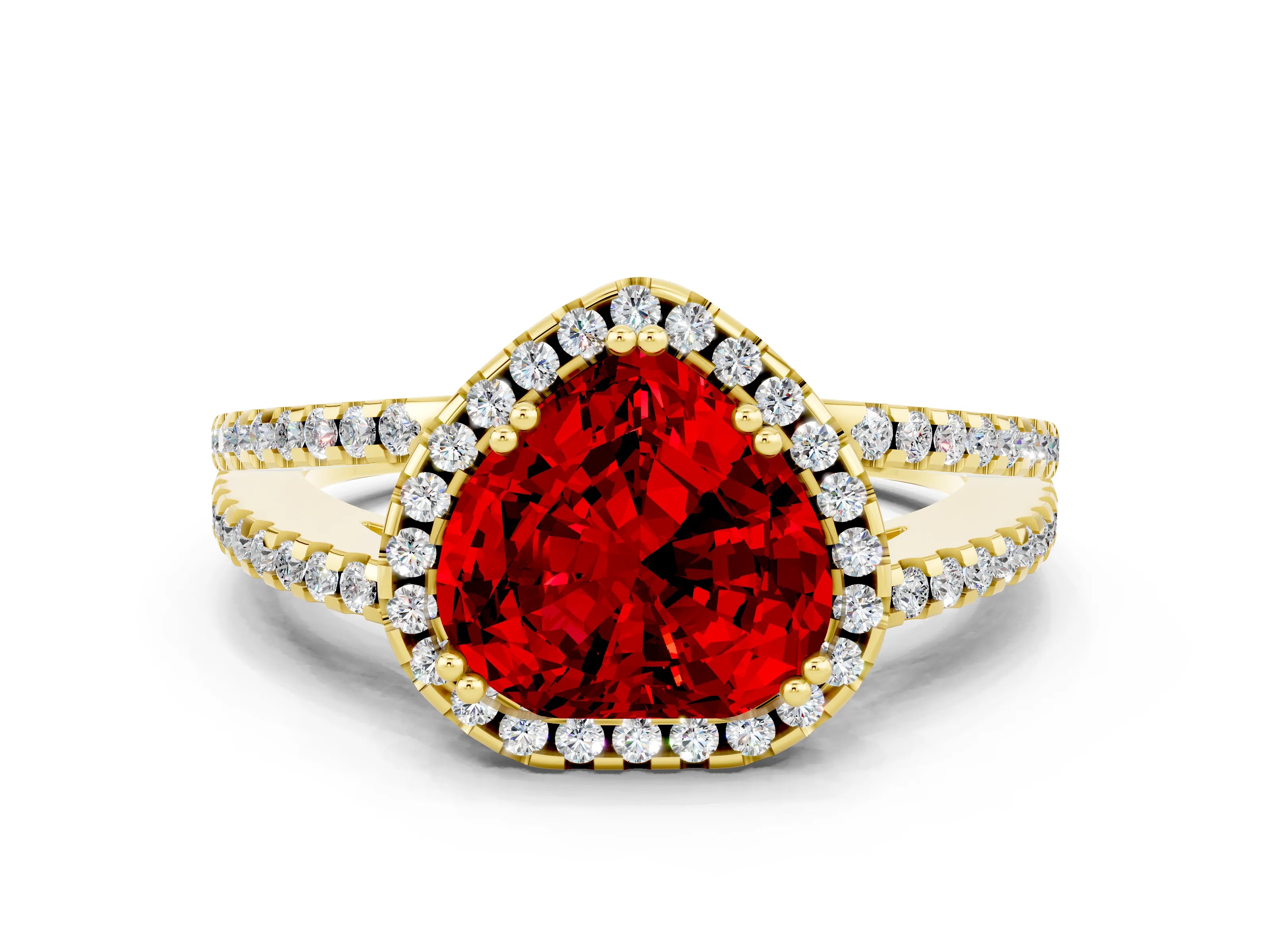 Yellow gold Heart Cut Ruby Halo Split Shank Engagement Ring_12