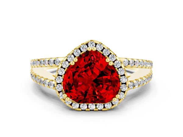 Yellow gold Heart Cut Ruby Halo Split Shank Engagement Ring