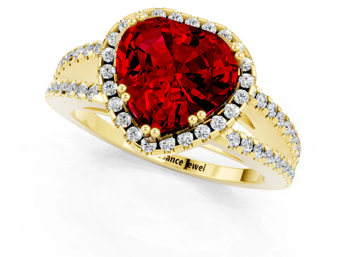 Yellow gold Heart Cut Ruby Halo Split Shank Engagement Ring_13