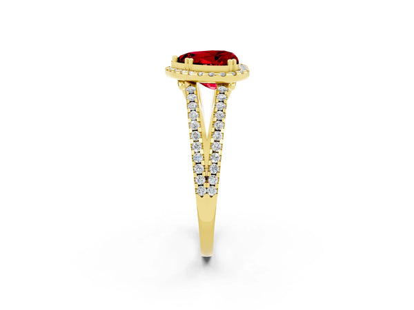 Yellow gold Heart Cut Ruby Halo Split Shank Engagement Ring