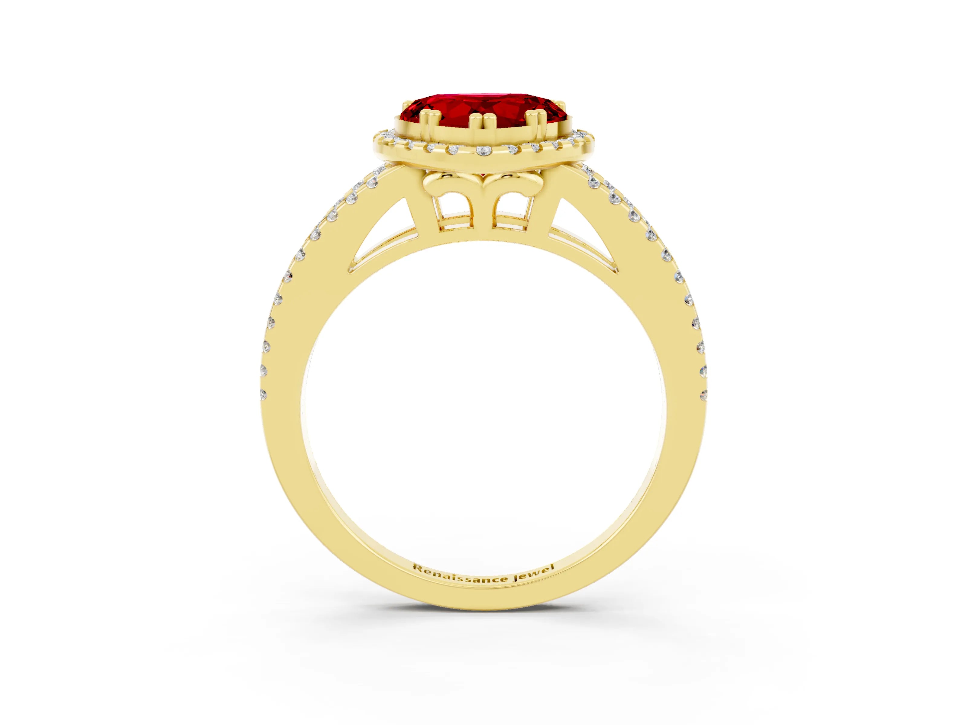 Yellow gold Heart Cut Ruby Halo Split Shank Engagement Ring_15