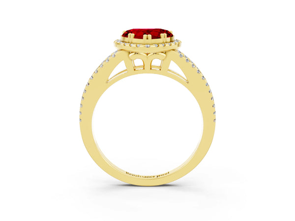 Yellow gold Heart Cut Ruby Halo Split Shank Engagement Ring