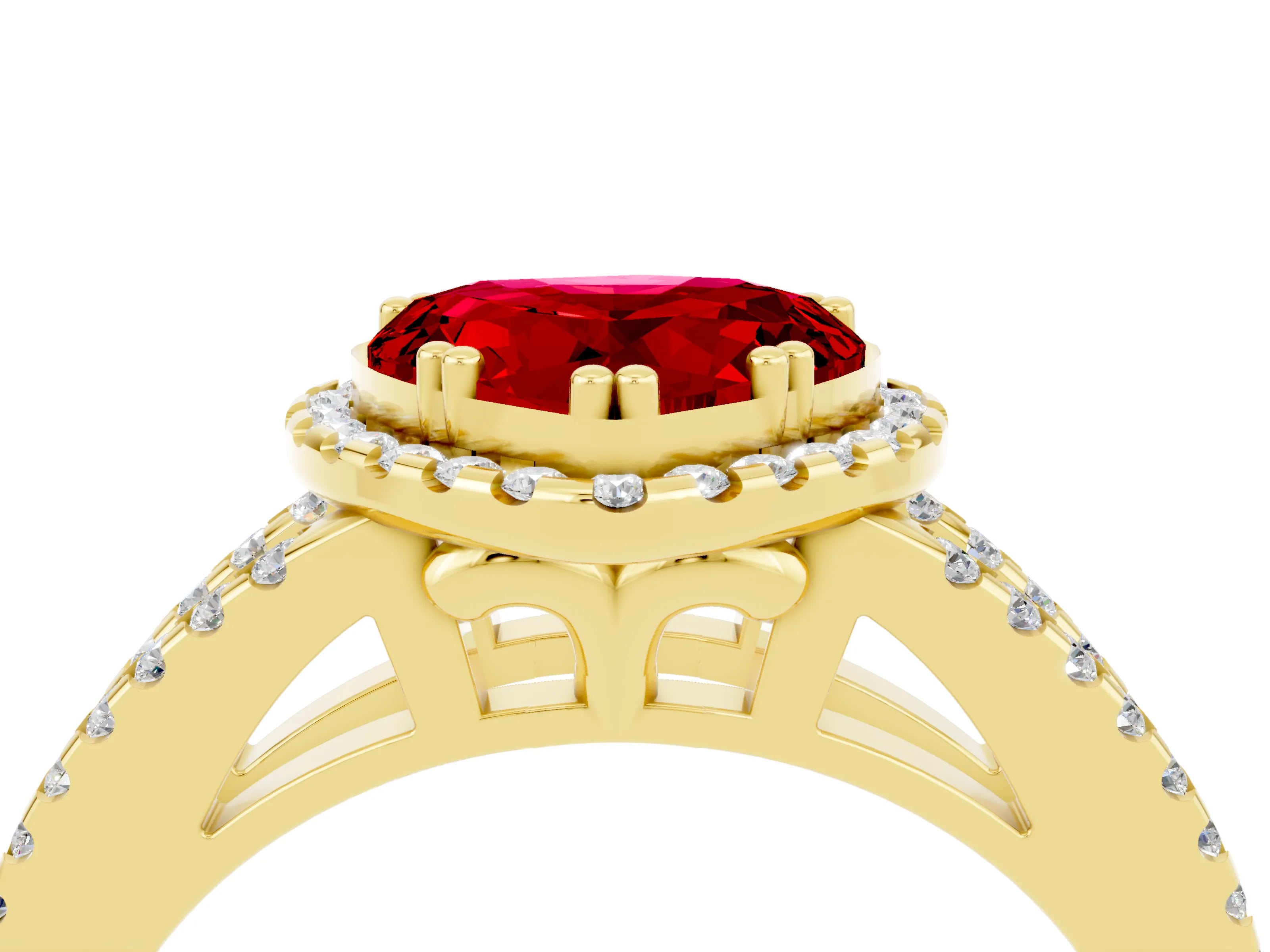 Yellow gold Heart Cut Ruby Halo Split Shank Engagement Ring_16