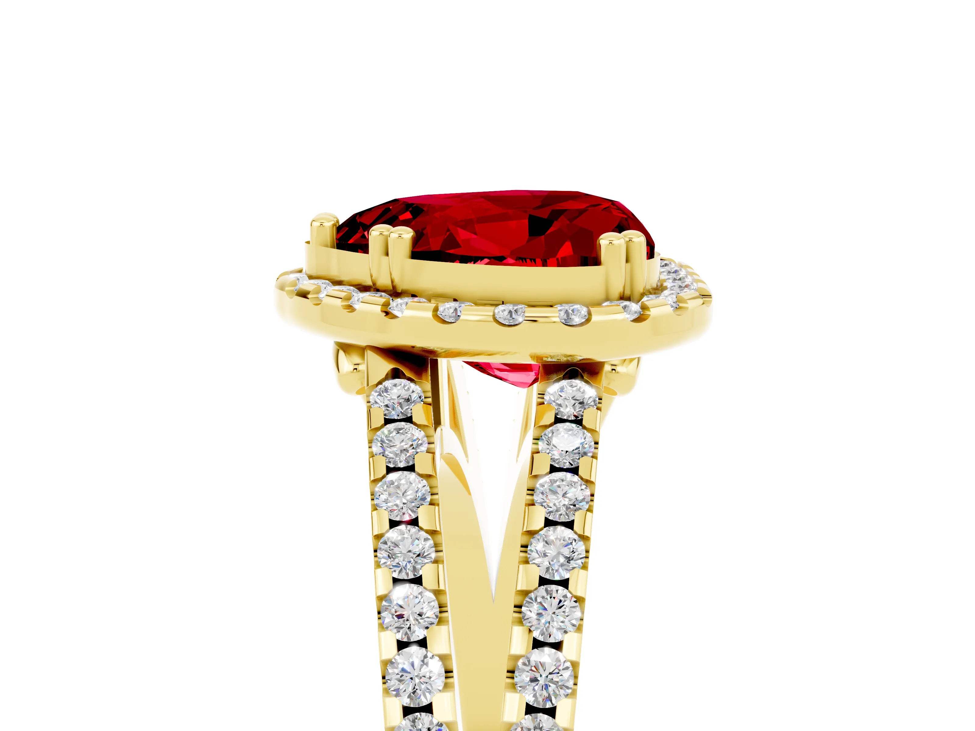 Yellow gold Heart Cut Ruby Halo Split Shank Engagement Ring_17