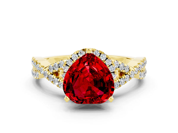 Yellow gold Heart Cut Ruby  Halo Twist Band Solitaire Prong Setting Ring