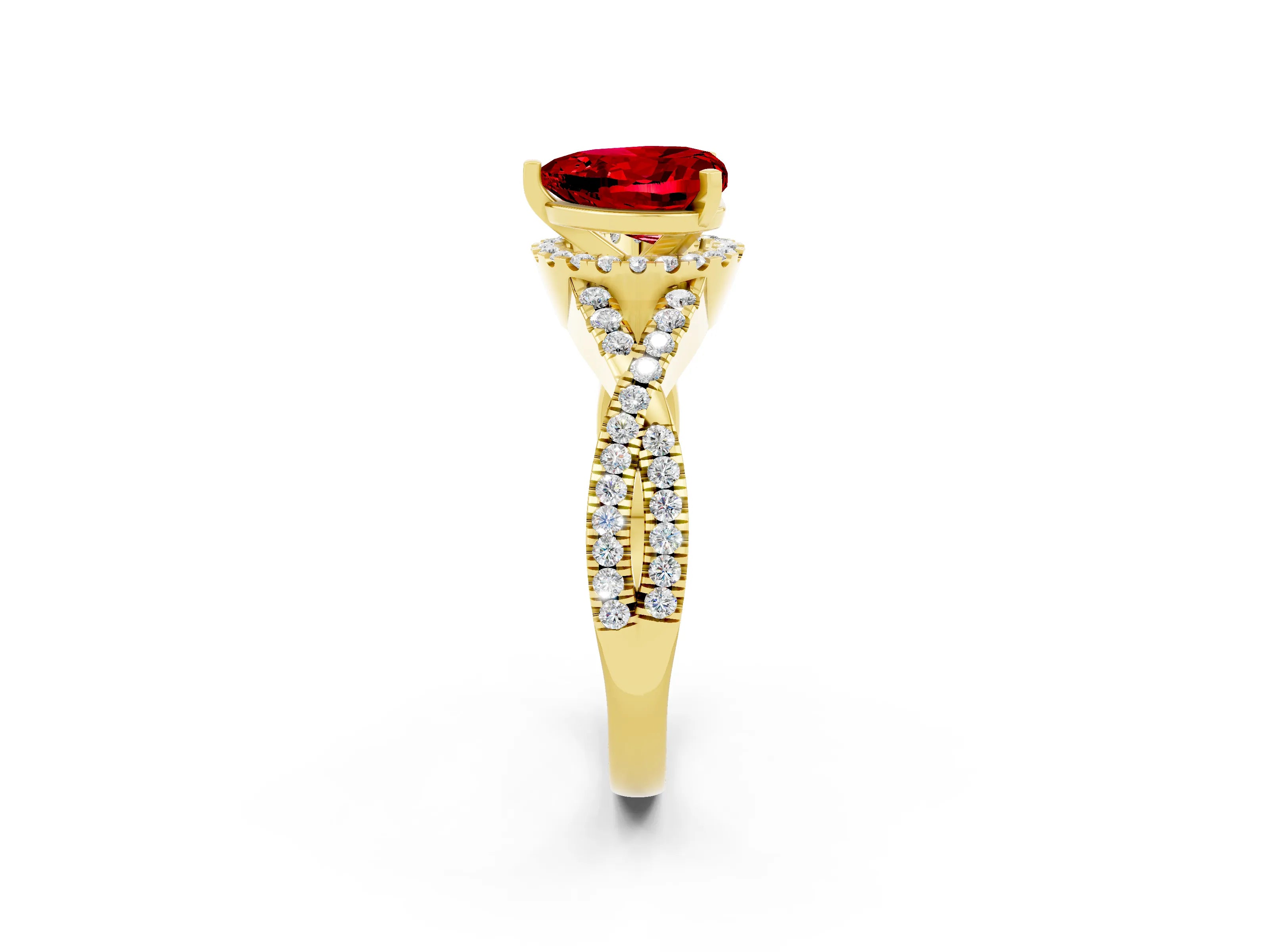 Yellow gold Heart Cut Ruby Halo Twist Band Solitaire Prong Setting Ring_2