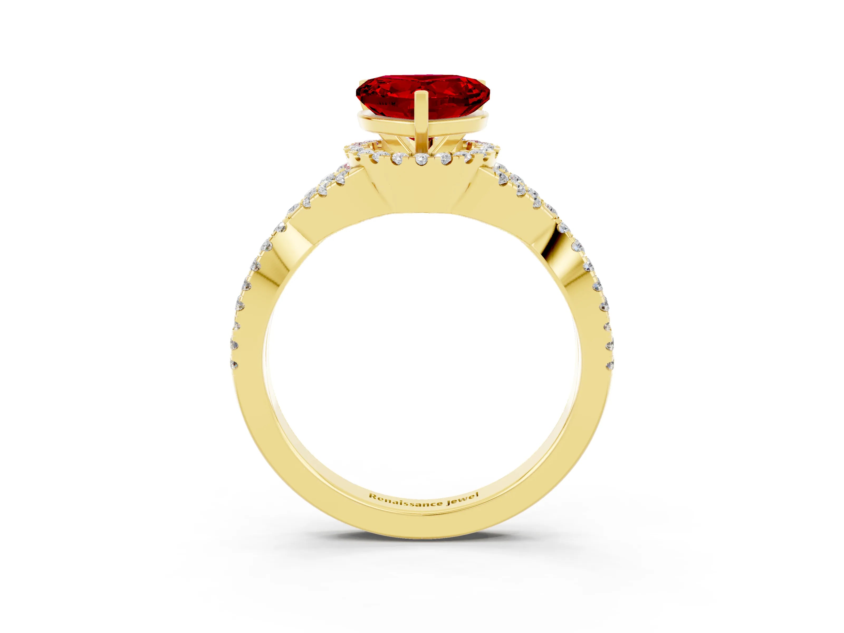 Yellow gold Heart Cut Ruby Halo Twist Band Solitaire Prong Setting Ring_3