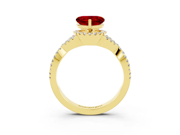 Yellow gold Heart Cut Ruby  Halo Twist Band Solitaire Prong Setting Ring