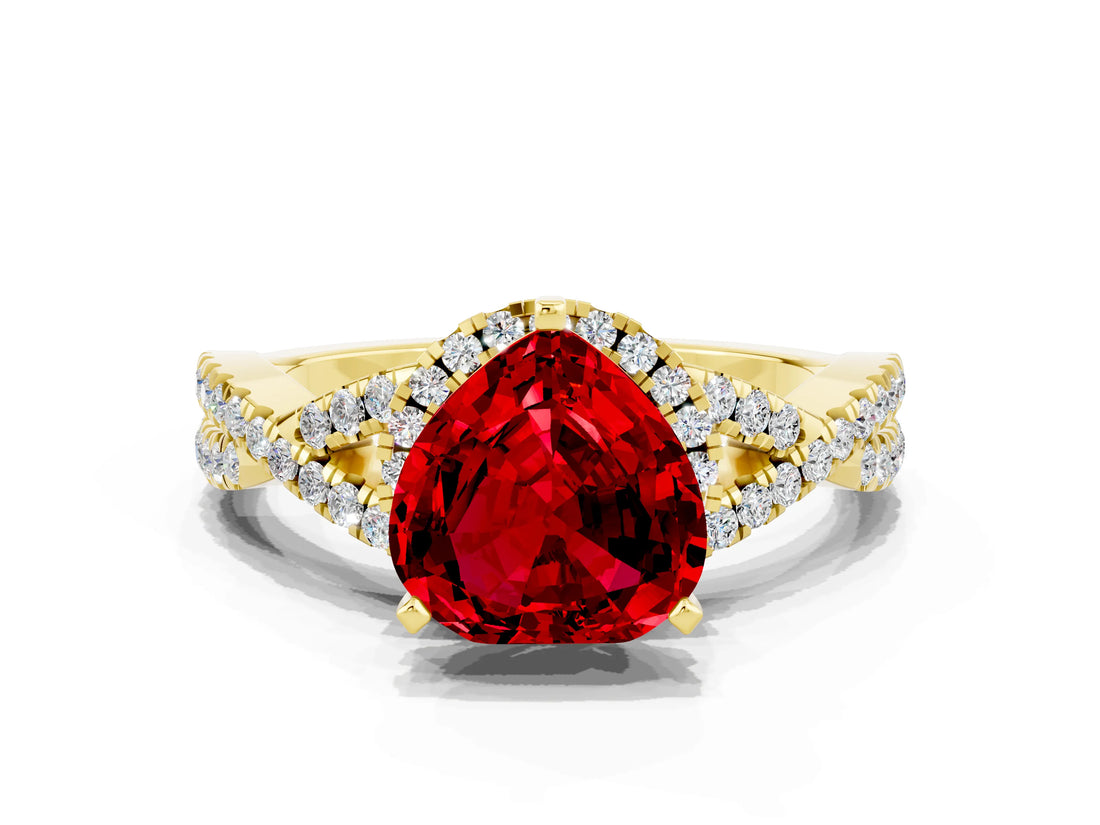 Yellow gold Heart Cut Ruby  Halo Twist Band Solitaire Prong Setting Ring_36