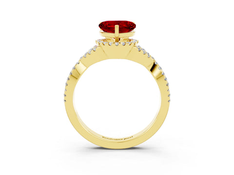 Yellow gold Heart Cut Ruby Halo Twist Band Solitaire Prong Setting Ring_3