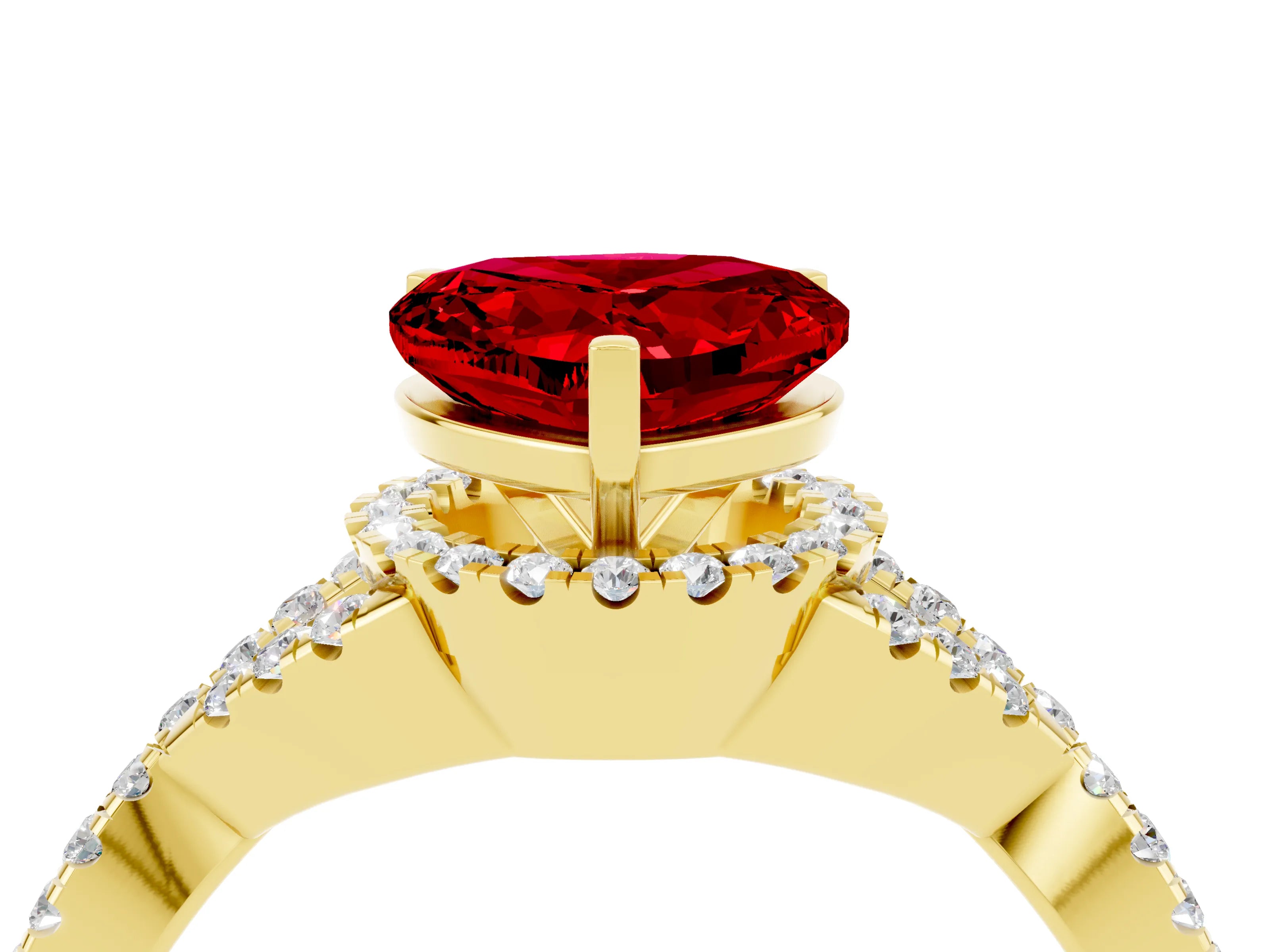 Yellow gold Heart Cut Ruby Halo Twist Band Solitaire Prong Setting Ring_4