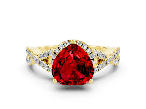 Yellow gold Heart Cut Ruby Halo Twist Band Solitaire Prong Setting Ring