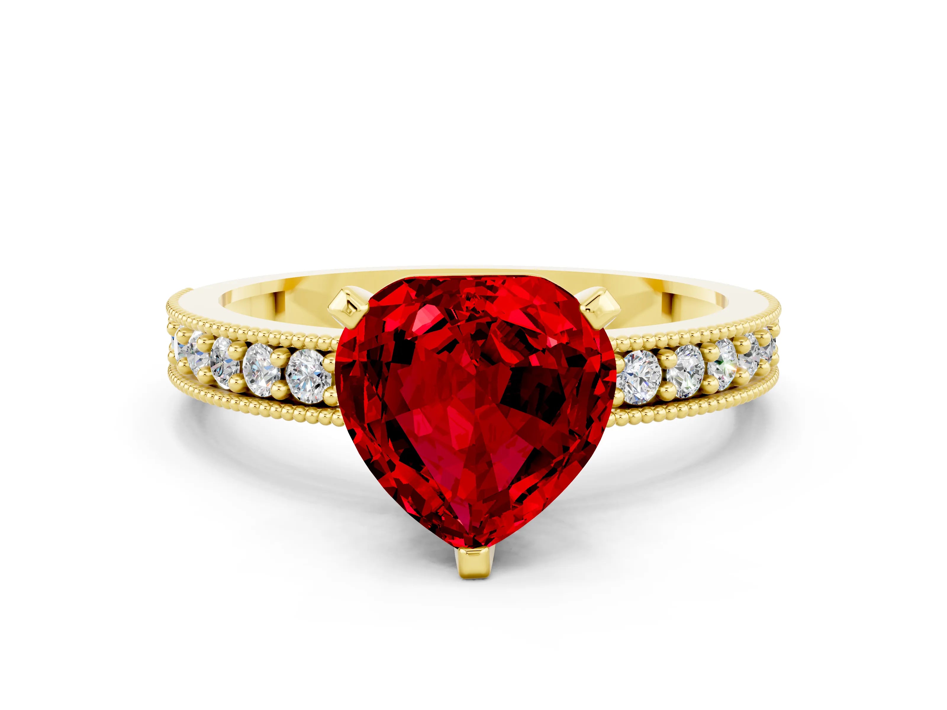 Yellow gold Heart Cut Ruby Milgrain Pavé Engagement Ring with Four-Prong Setting_12
