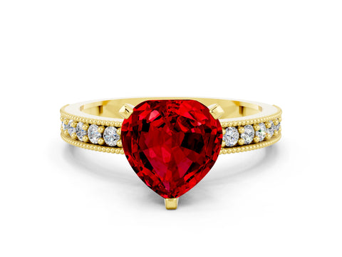Yellow gold Heart Cut Ruby Milgrain Pavé Engagement Ring with Four-Prong Setting_12