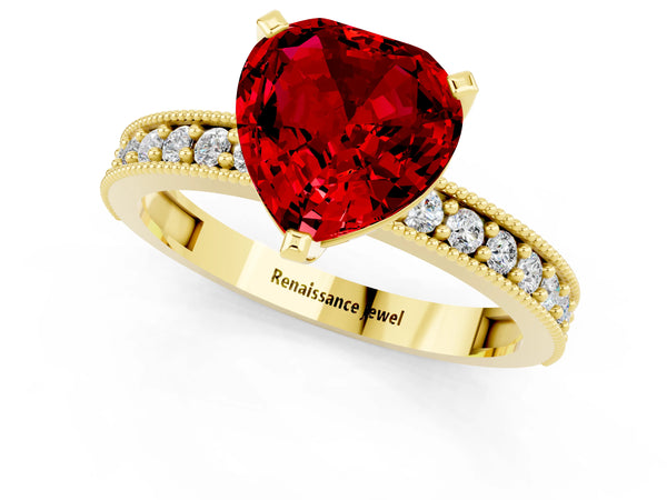 Yellow gold Heart Cut Ruby Milgrain Pavé Engagement Ring with Four-Prong Setting