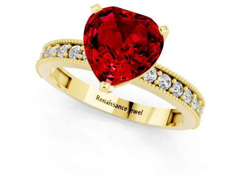 Yellow gold Heart Cut Ruby Milgrain Pavé Engagement Ring with Four-Prong Setting_13