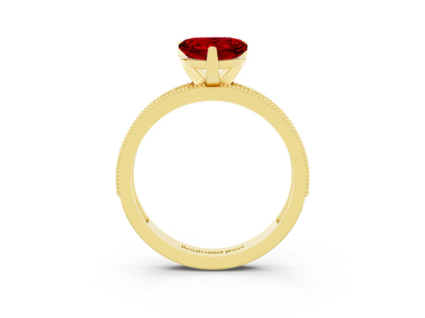 Yellow gold Heart Cut Ruby Milgrain Pavé Engagement Ring with Four-Prong Setting