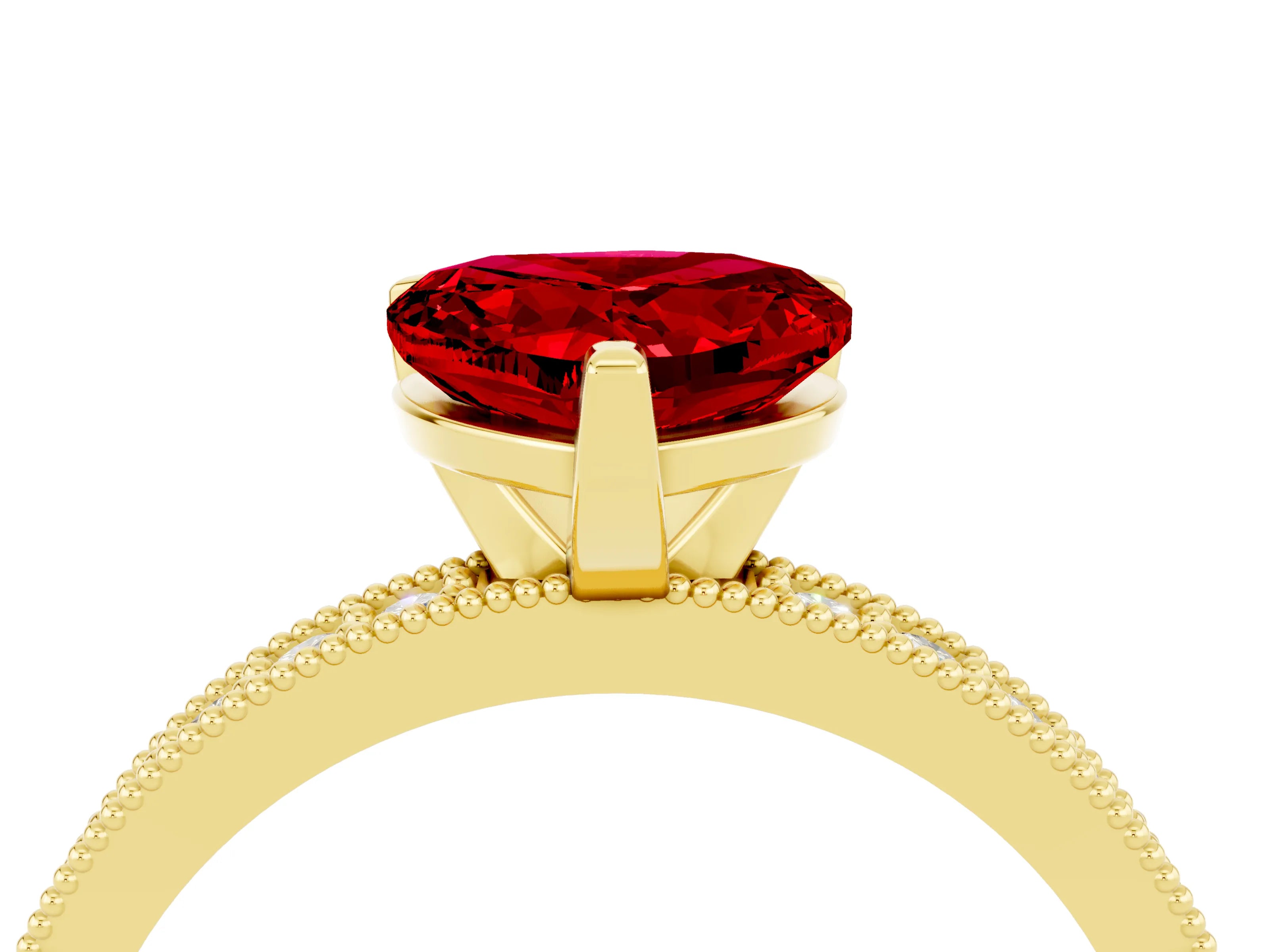 Yellow gold Heart Cut Ruby Milgrain Pavé Engagement Ring with Four-Prong Setting_16