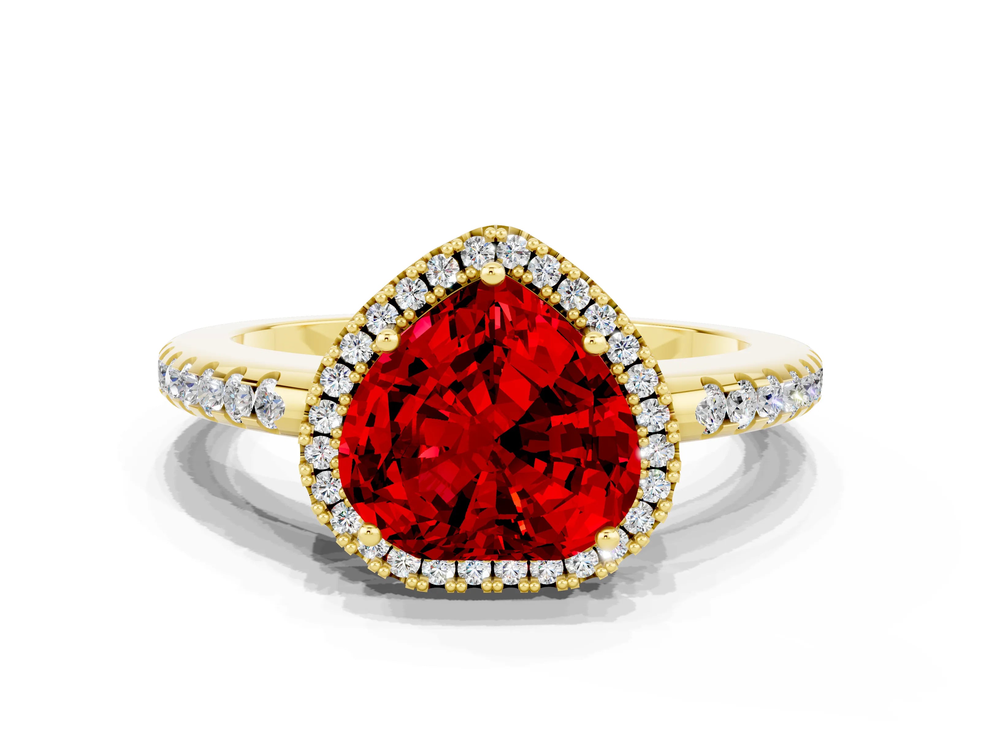 Yellow gold Heart Cut Ruby Pavé Halo Ring with Four-Prong Setting_12