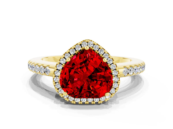 Yellow gold Heart Cut Ruby Pavé Halo Ring with Four-Prong Setting
