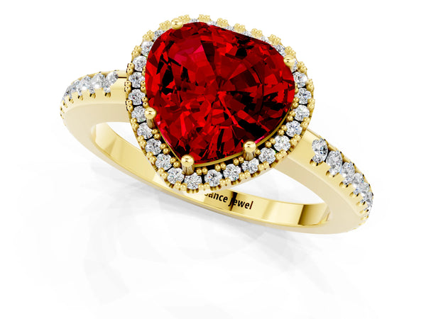 Yellow gold Heart Cut Ruby Pavé Halo Ring with Four-Prong Setting