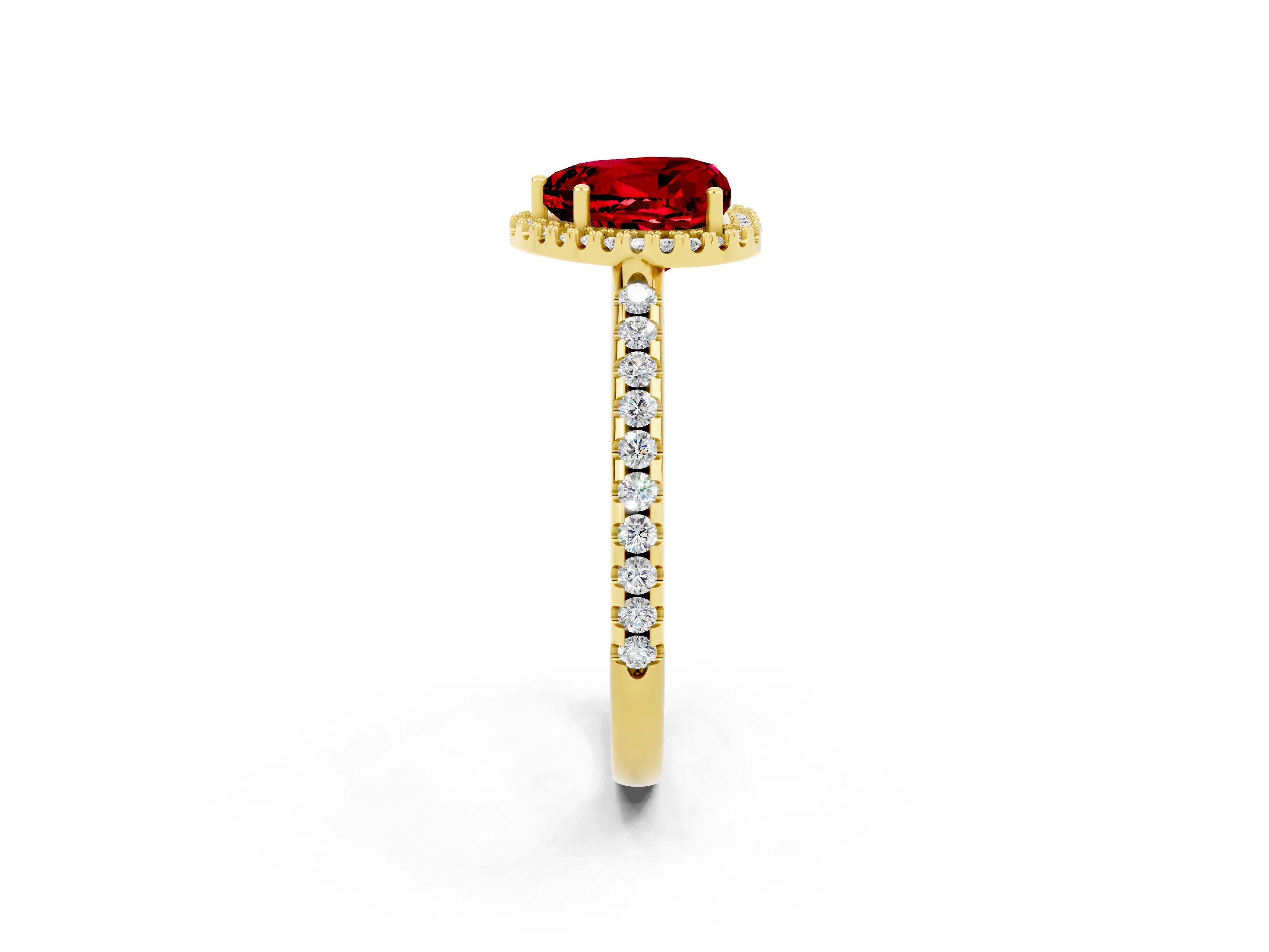 Yellow gold Heart Cut Ruby Pavé Halo Ring with Four-Prong Setting_14