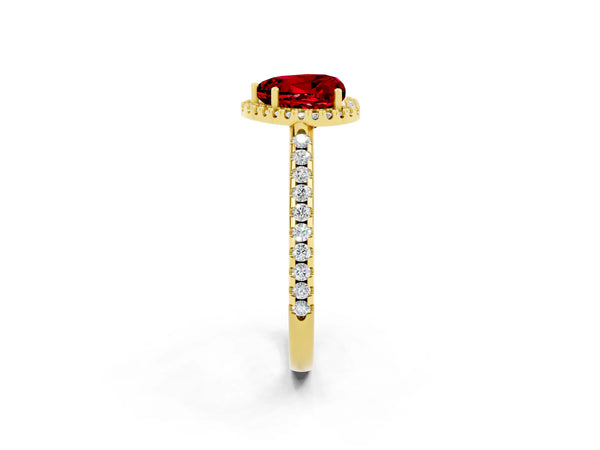 Yellow gold Heart Cut Ruby Pavé Halo Ring with Four-Prong Setting