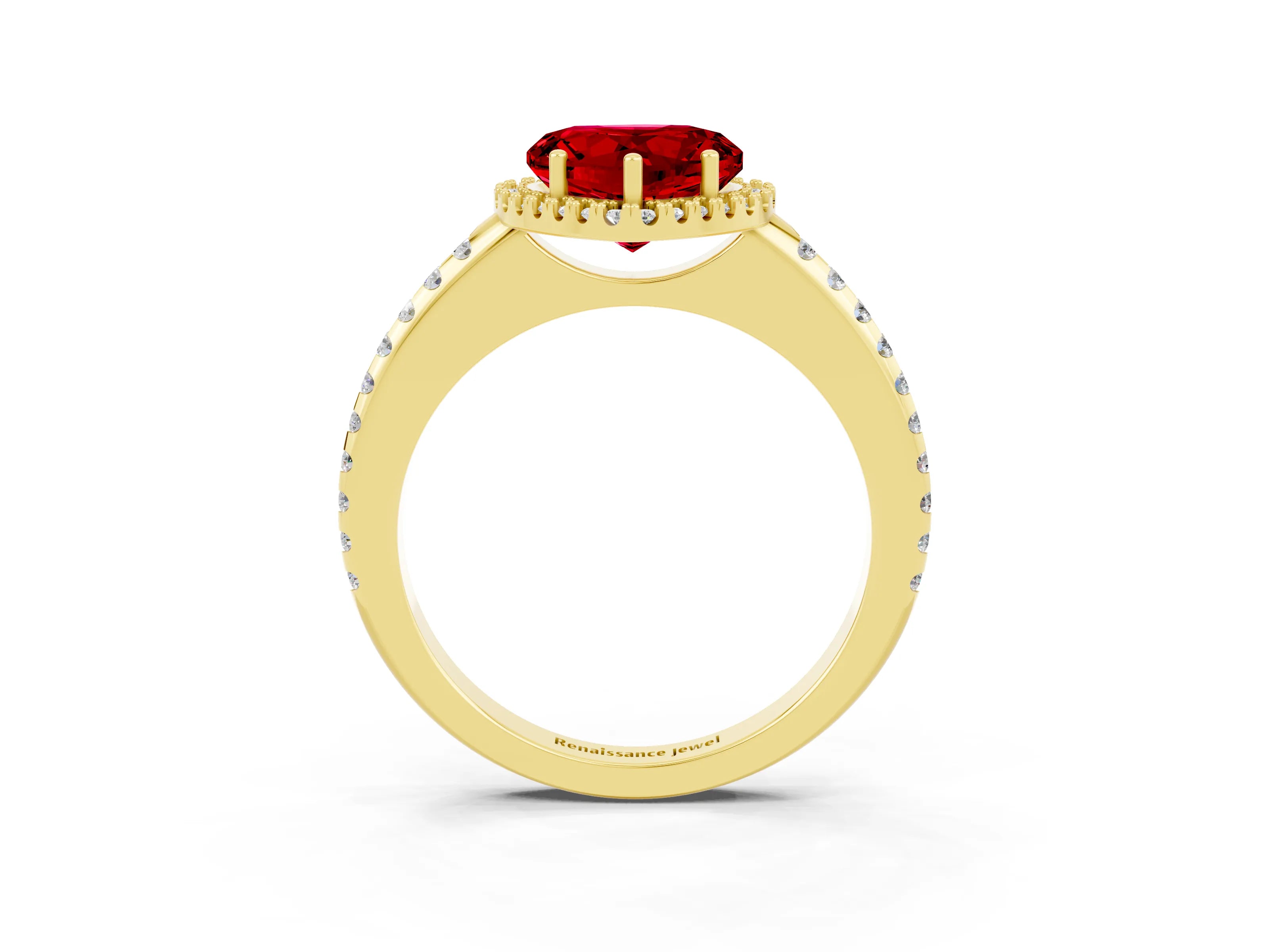 Yellow gold Heart Cut Ruby Pavé Halo Ring with Four-Prong Setting_15