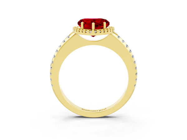 Yellow gold Heart Cut Ruby Pavé Halo Ring with Four-Prong Setting