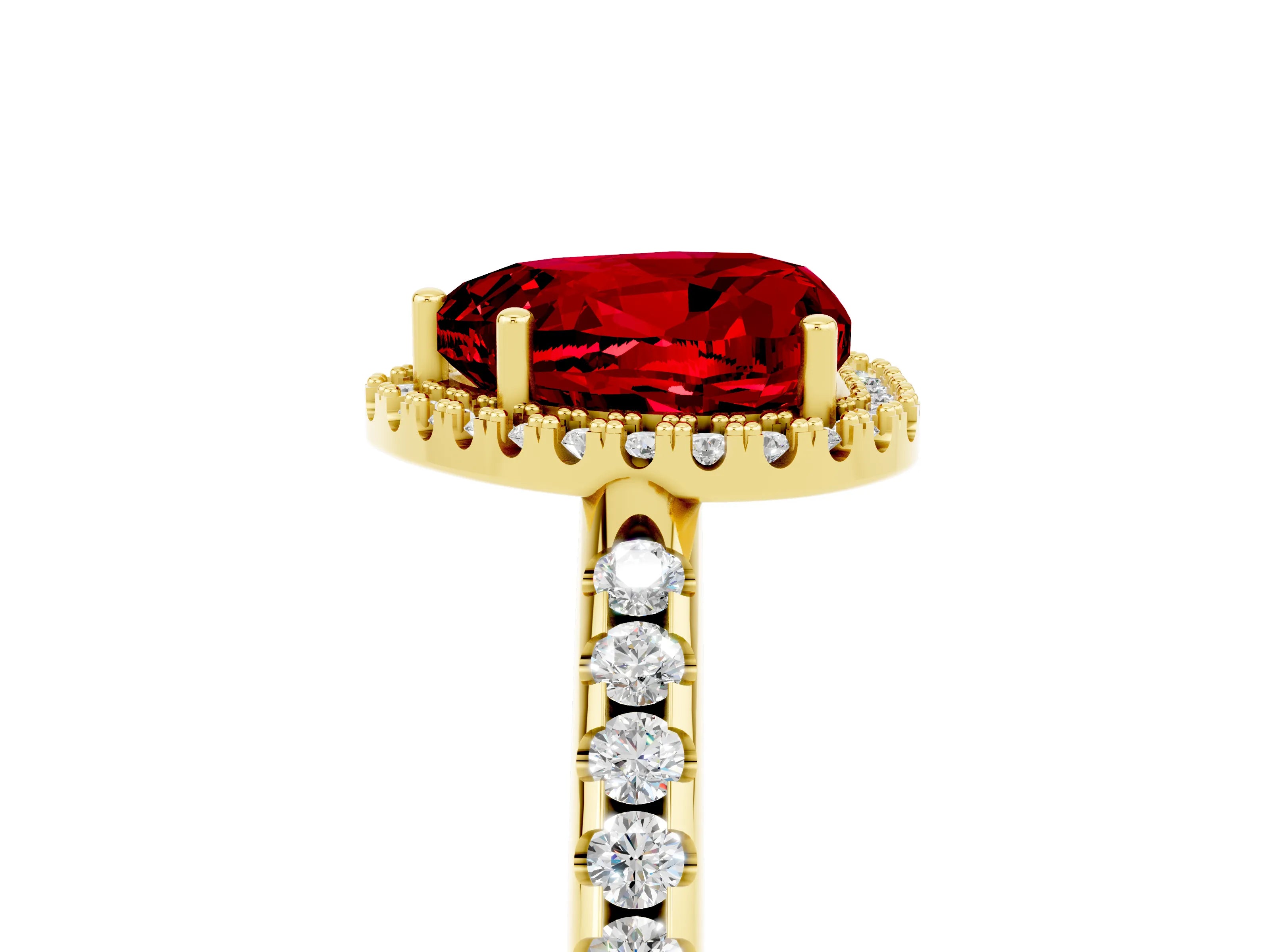 Yellow gold Heart Cut Ruby Pavé Halo Ring with Four-Prong Setting_17