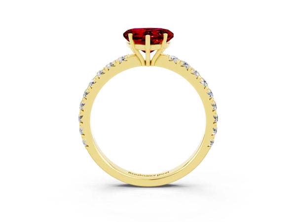 Yellow gold Heart Cut Ruby Pavé Solitaire Engagement Ring with Four-Prong Setting