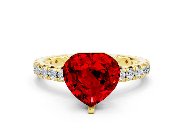 Yellow gold Heart Cut Ruby Pavé Solitaire Ring with Round Band and Prong Setting