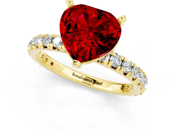 Yellow gold Heart Cut Ruby Pavé Solitaire Ring with Round Band and Prong Setting