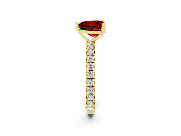 Yellow gold Heart Cut Ruby Pavé Solitaire Ring with Round Band and Prong Setting