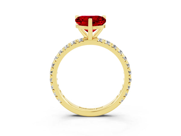 Yellow gold Heart Cut Ruby Pavé Solitaire Ring with Round Band and Prong Setting