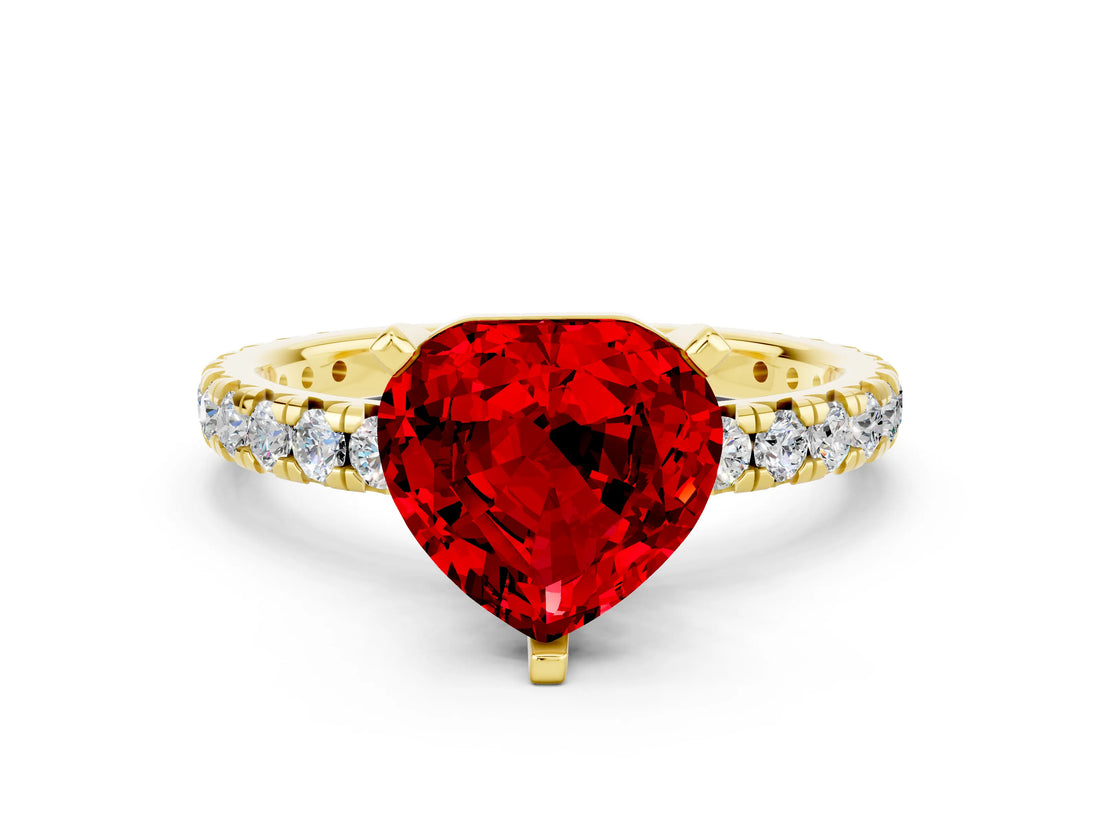 Yellow gold Heart Cut Ruby Pavé Solitaire Ring with Round Band and Prong Setting_24