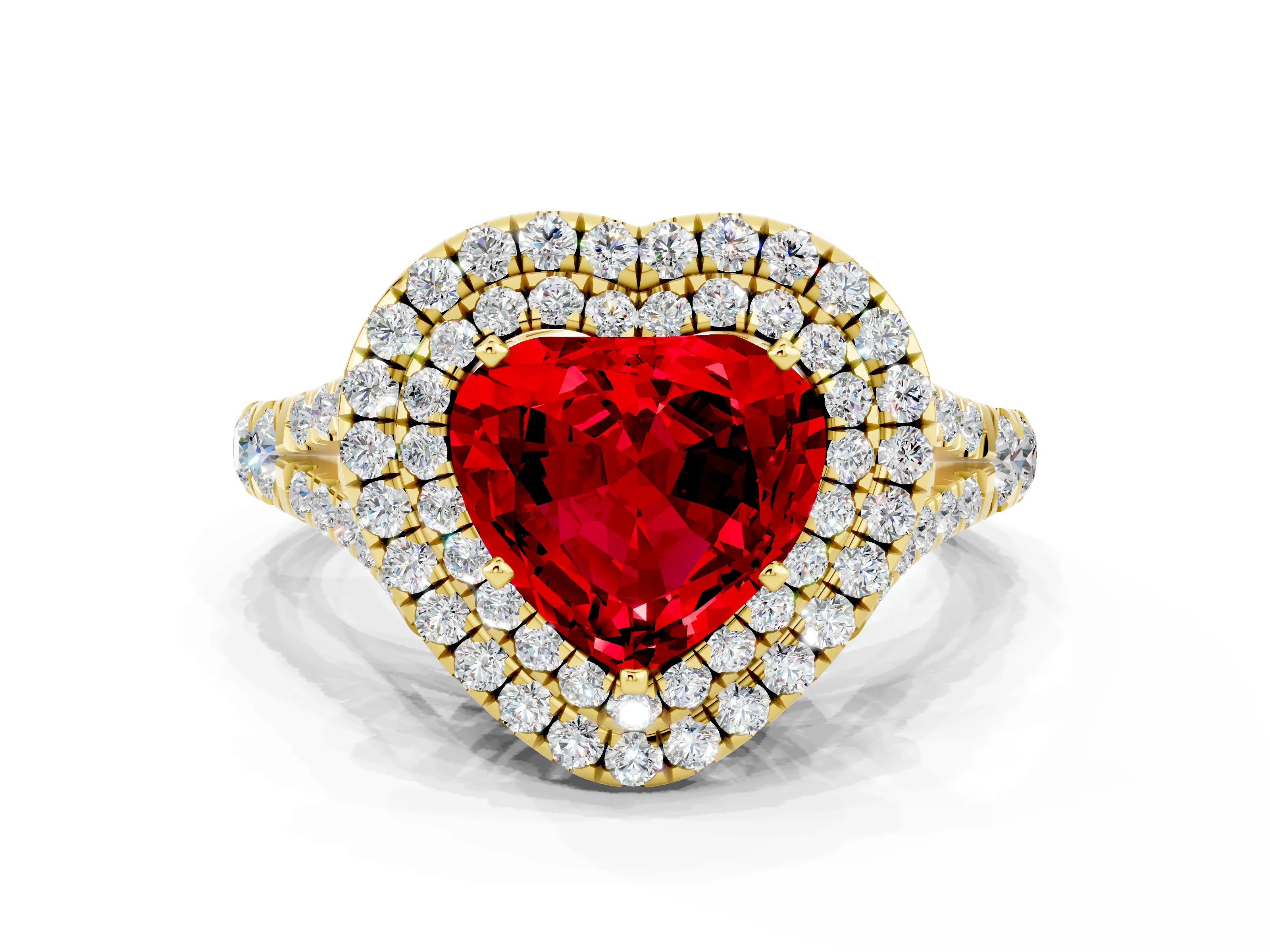 Yellow gold Heart Cut Ruby Pavé Split Shank Double Halo Engagement Ring