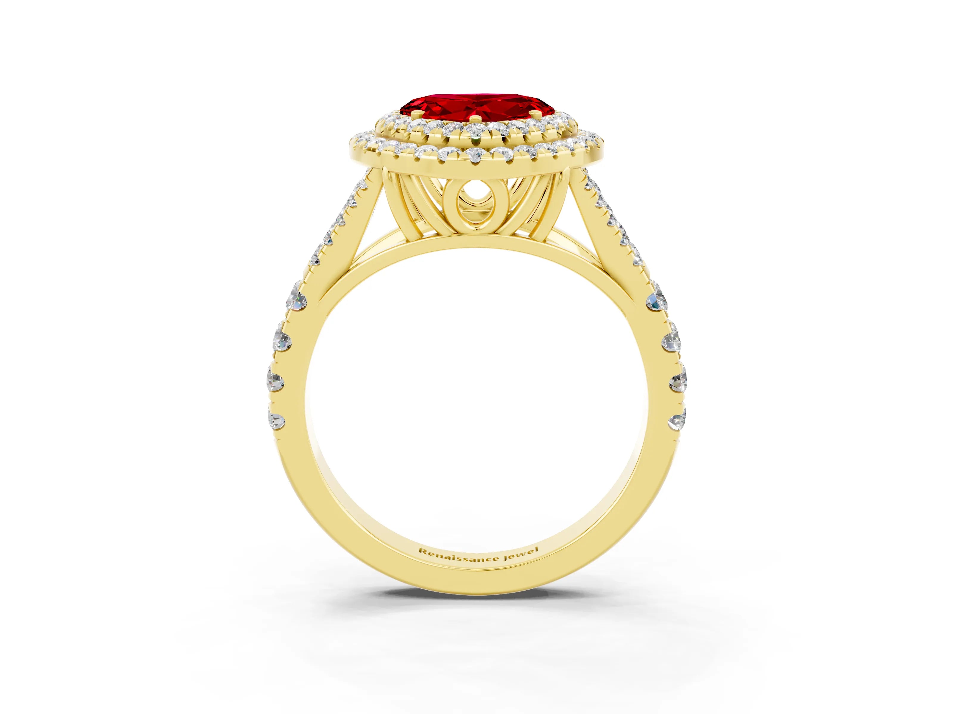 Yellow gold Heart Cut Ruby Pavé Split Shank Double Halo Engagement Ring_3