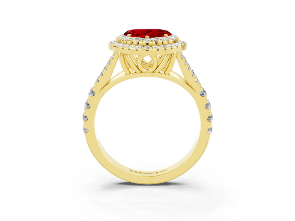 Yellow gold Heart Cut Ruby Pavé Split Shank Double Halo Engagement Ring