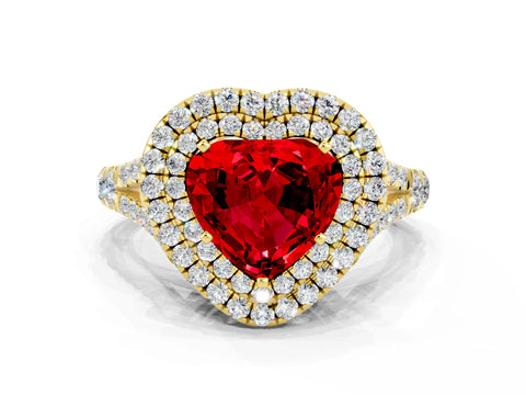 Yellow gold Heart Cut Ruby Pavé Split Shank Double Halo Engagement Ring