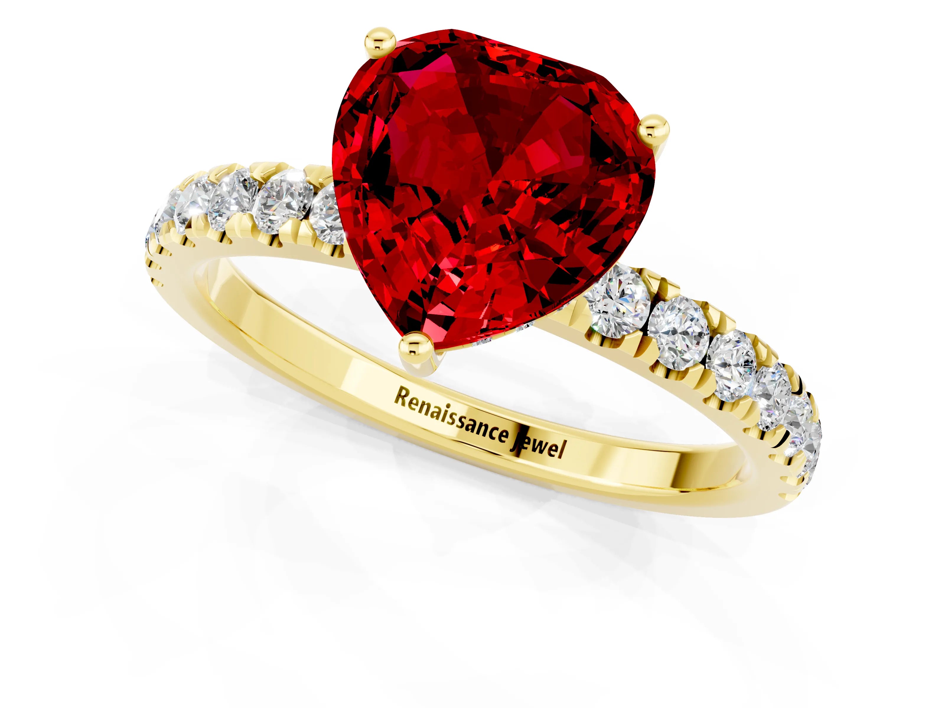 Yellow gold Heart Cut Ruby Pave Band Solitaire Ring with Four-Prong Setting_25